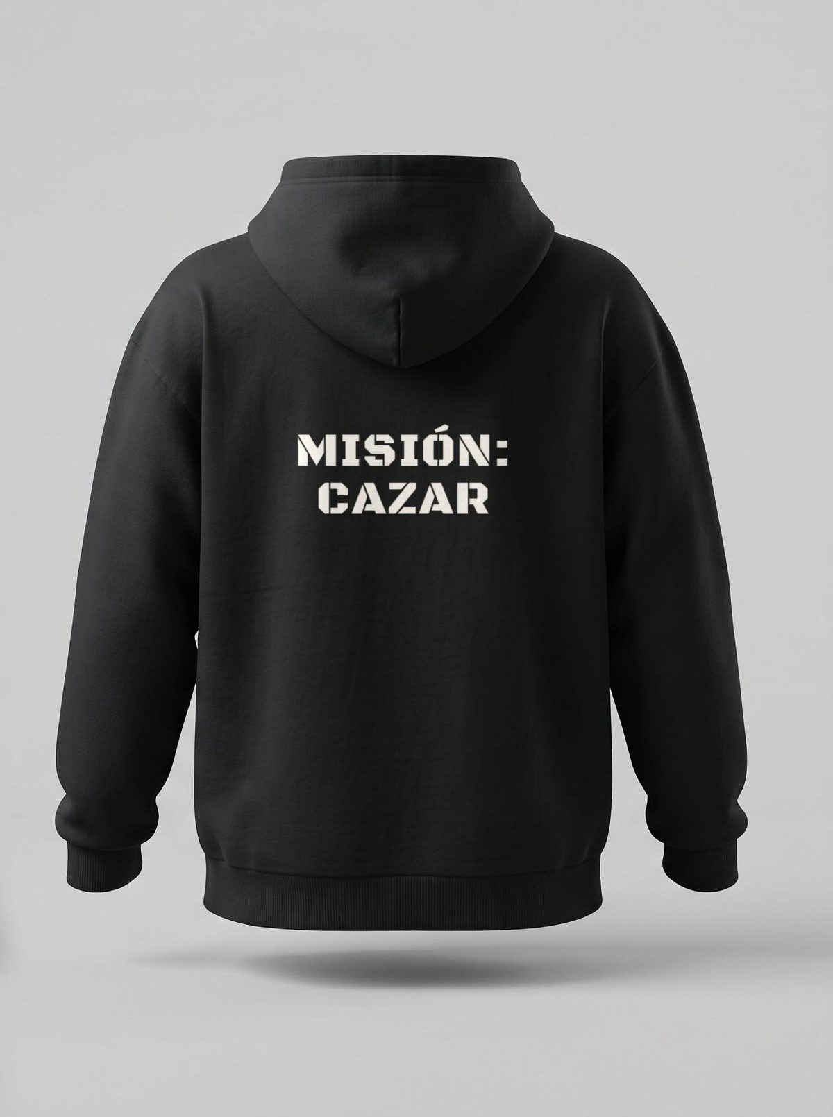 Sudadera oversize negra, espalda: Misión: cazar