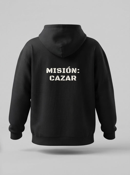 Sudadera oversize negra, espalda: Misión: cazar