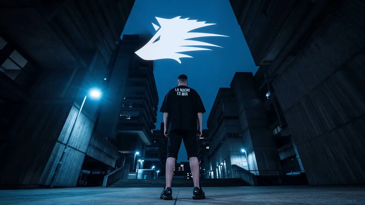 Modelo en contrapicado con playera Luna Negra La noche es mía bajo edificios de noche