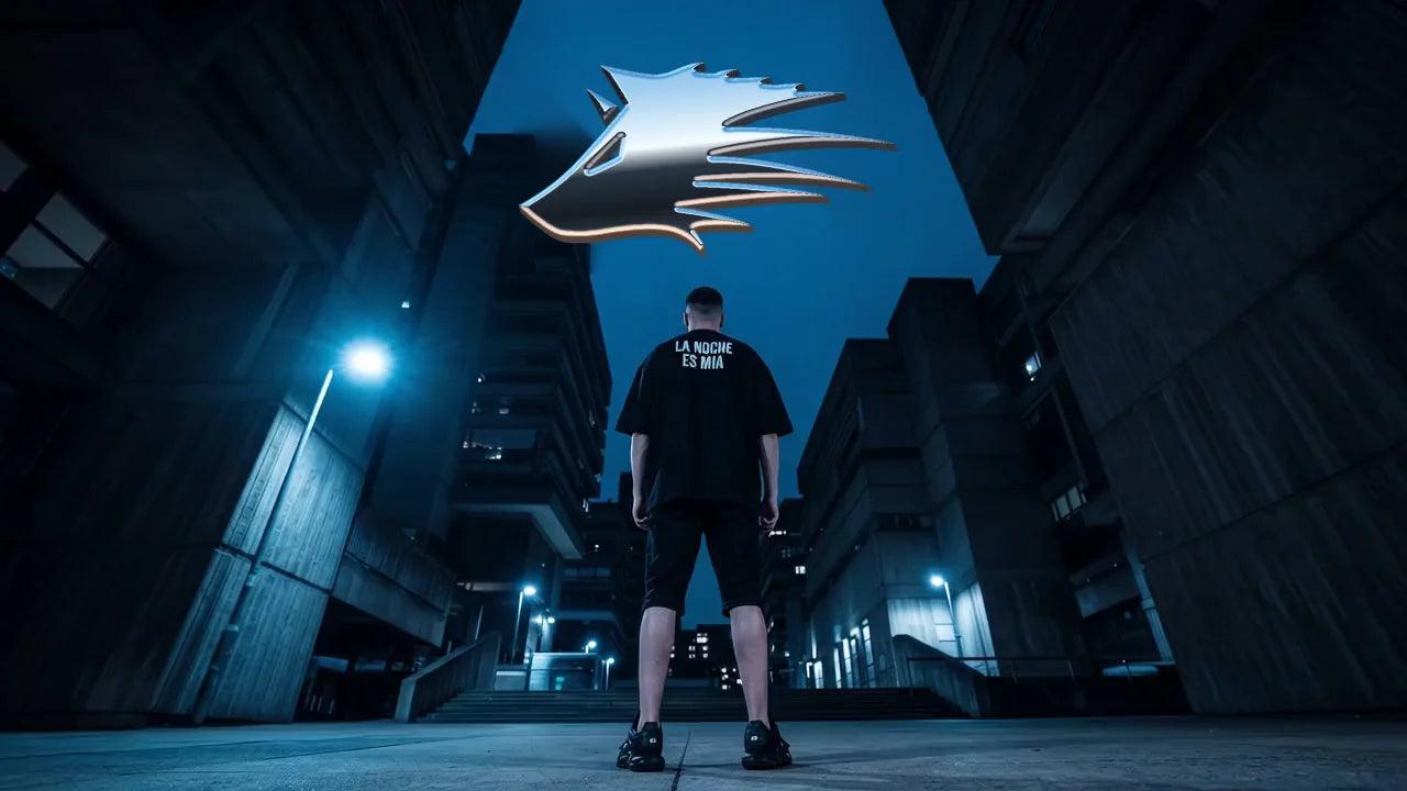 Modelo en contrapicado con playera Luna Negra La noche es mía bajo edificios de noche