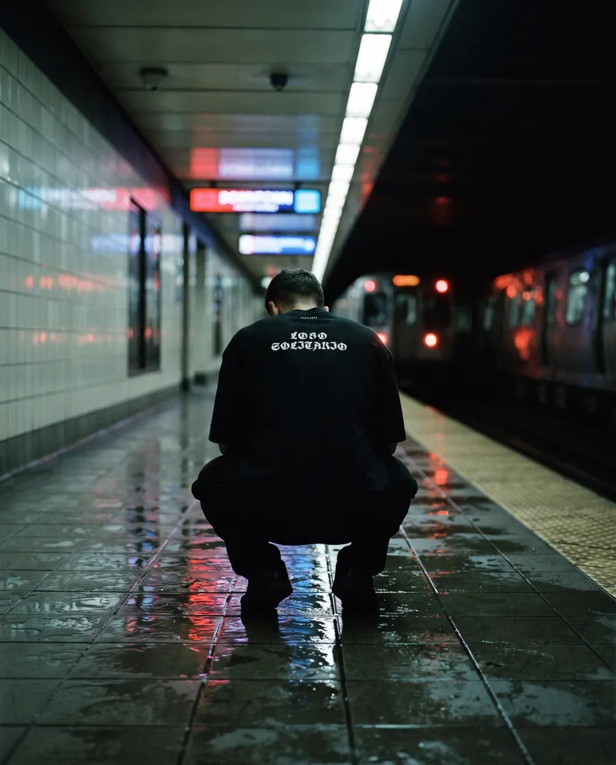 Modelo con playera Lobo solitario en el andén del metro