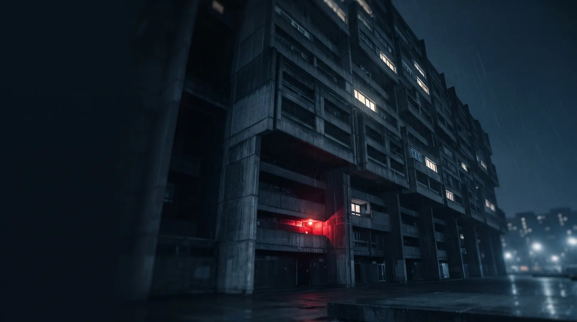 Edificio de noche con una luz roja